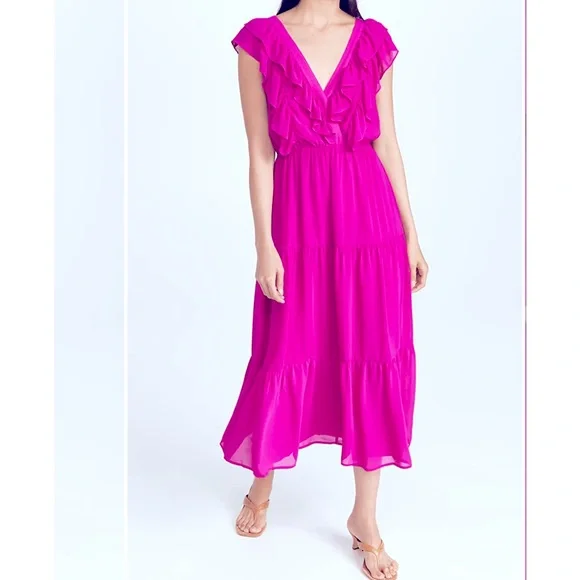 Wayf | Dresses | Wayf Magenta Ruffle Midi Dress | Poshmark